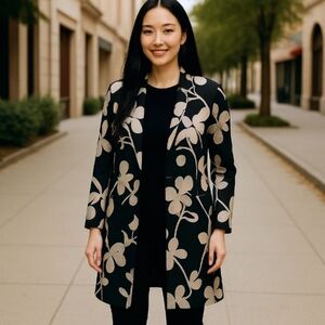 Susan Graver Black and Tan Long line Open Front Topper Jacket